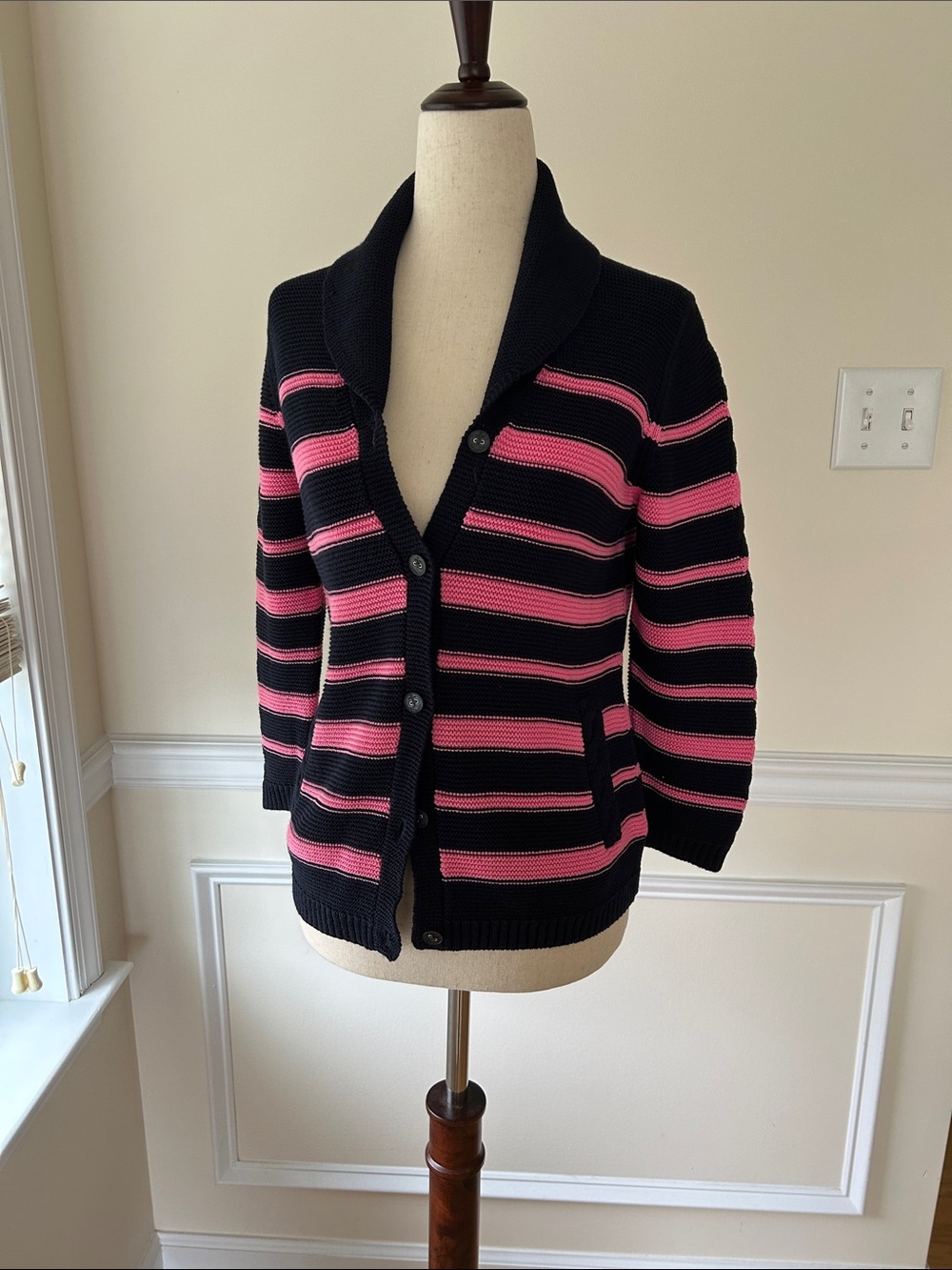 Talbots Navy and Pink Striped Shawl Collar Cardigan